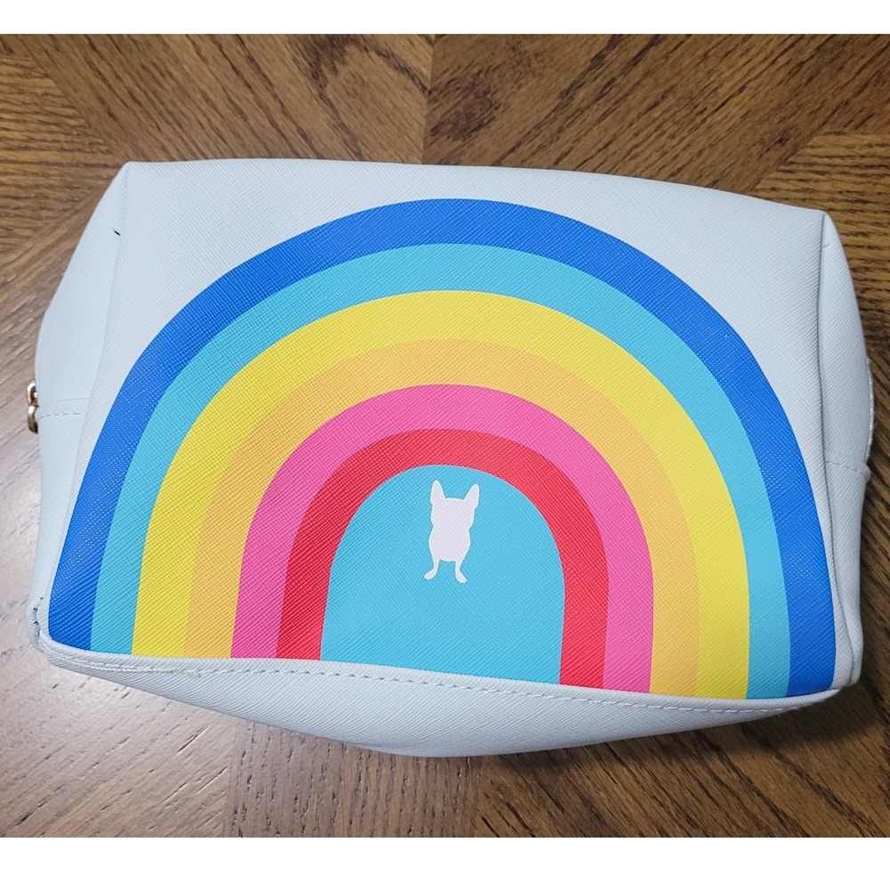 French Bull Rainbow Frenchie Makeup Bag Blue Cosmetic Pouch Zip Case